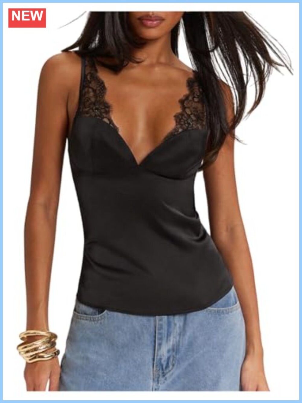 Satin Lace Cami Tank Top Deep V Neck Bow Back Spaghetti Strap